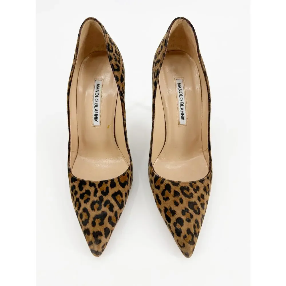Manolo Blahnik BB Leopard Print Suede Pointed Toe Stiletto Pumps Size 38 EU 7.5